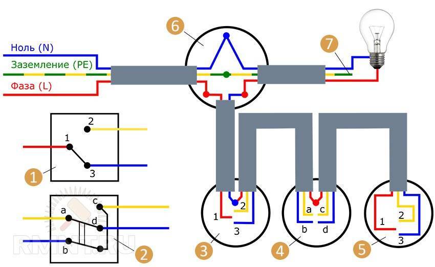 Управление освещением с трех мест: схема подключения, с помощью проходных переключателей и перекрёстных