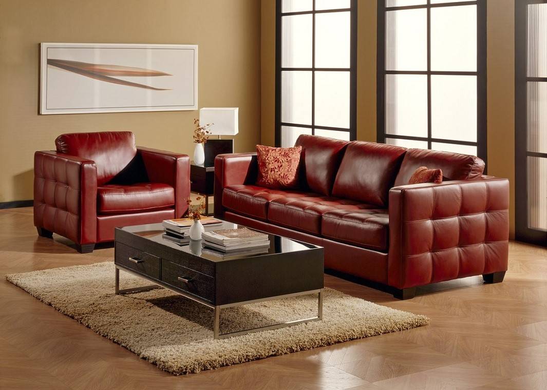 Кожаный диван в интерьере гостиной: серый, красный, черный белый (фото)