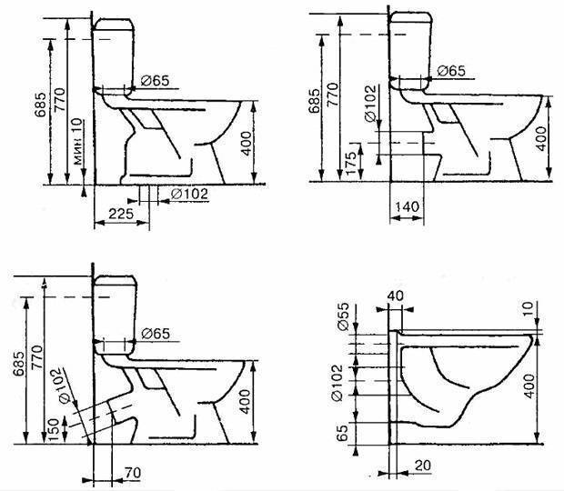 Унитазы и сиденья больших и маленьких размеров: изображение на чертеже