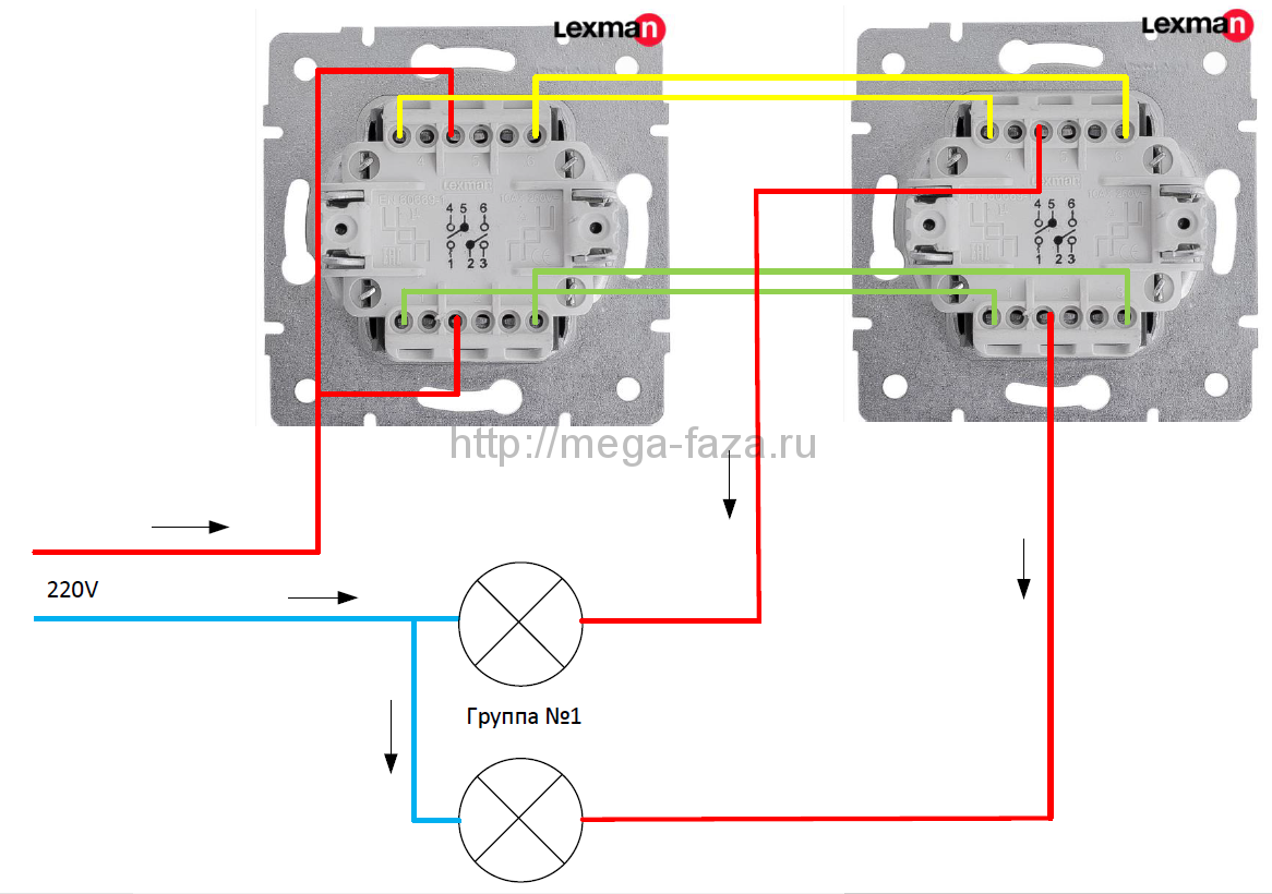 Схема подключения двухклавишного выключателя: к люстре, к двум светильникам